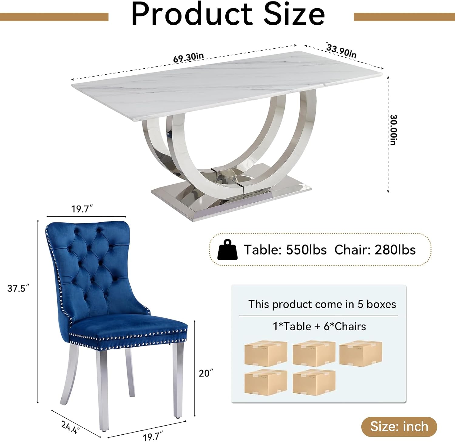 7 Piece Marble Dining Table Set for 6, 69.3" White Silver Kitchen Table with 6 Blue Chairs,Modern Rectangle Dinner Table and Chairs Set with U-Shaped Stainless Steel Base for Dining Room