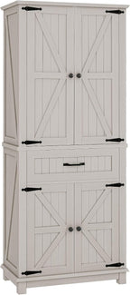 DWVO 72" Tall Farmhouse Pantry Cabinet, Kitchen Storage Pantry with Barn Doors & Drawer, Versatile Organizer with Adjustable Shelves, Rustic Cupboard for Dining Room, Living Room, White Oak | Tall Farmhouse Kitchen Pantry Cabinet, Kitchen Cupboard