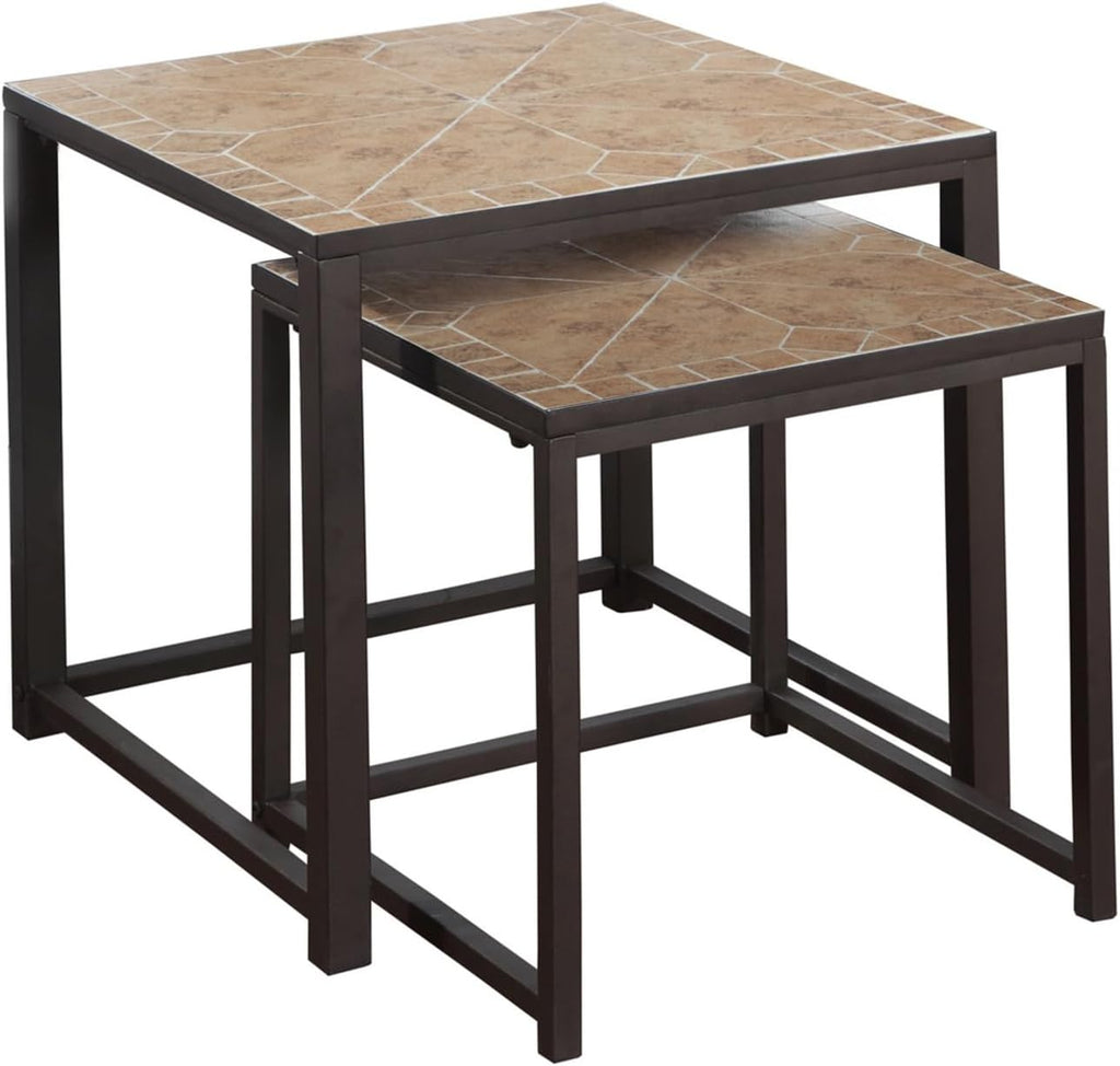 Set of 2 Nesting Tables, Metal, Brown, Transitional Style | Dual-size nesting tables with light brown terracotta tile tops and reinforced metal bases