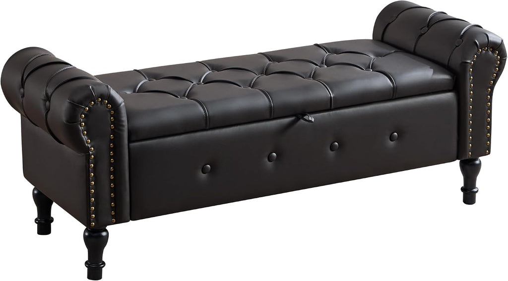 Storage Bench for Bedroom, Faux Leather 51" End of Bed Bench, Queen Size Bench with Rolled Arms, Tufted Storage Ottoman Benches, Upholstered Bench for Bedroom, Living Room, Entryway, Black
