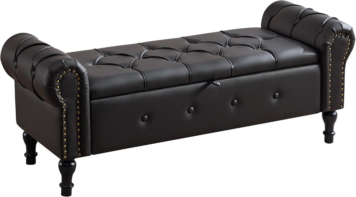 Storage Bench for Bedroom, Faux Leather 51" End of Bed Bench, Queen Size Bench with Rolled Arms, Tufted Storage Ottoman Benches, Upholstered Bench for Bedroom, Living Room, Entryway, Black