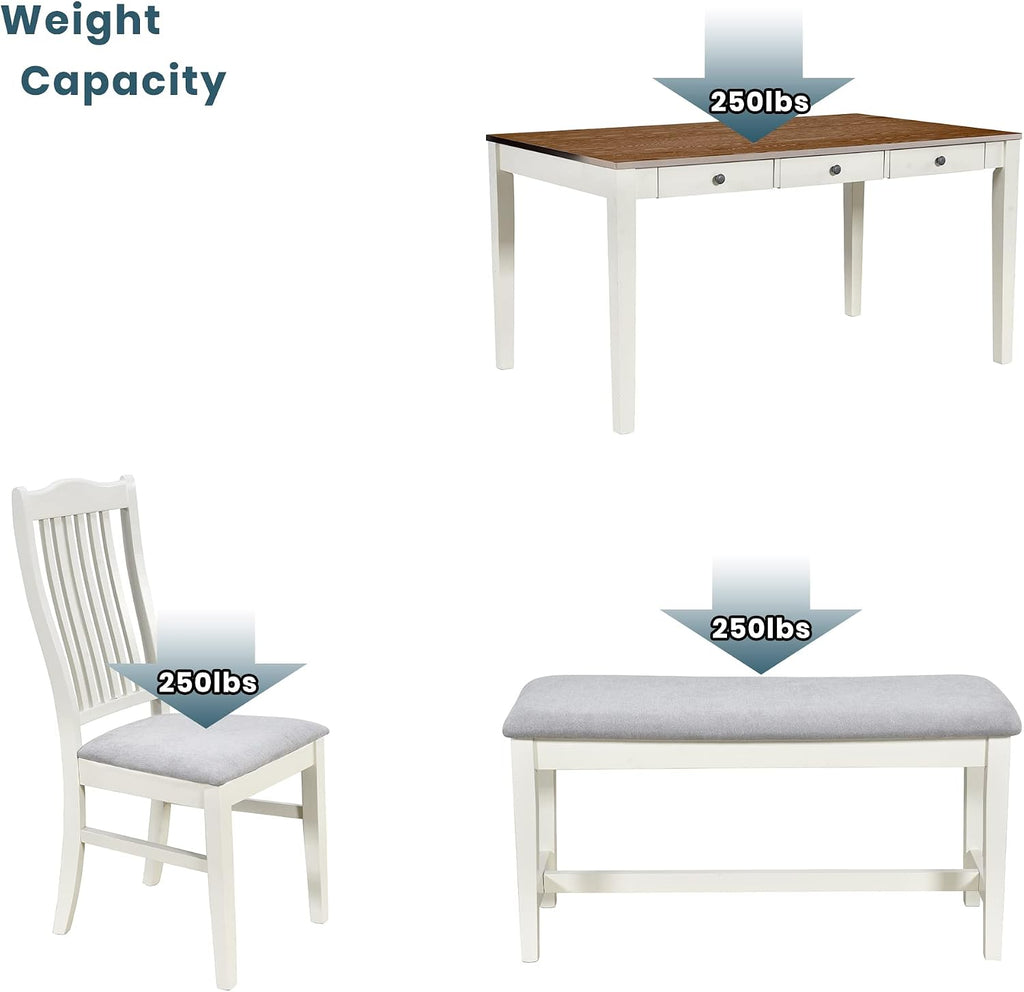 Merax Mid-Century 6-Piece Wood Dining Table Set with Drawer, 4 Upholstered Chairs and Bench, Butter Milk