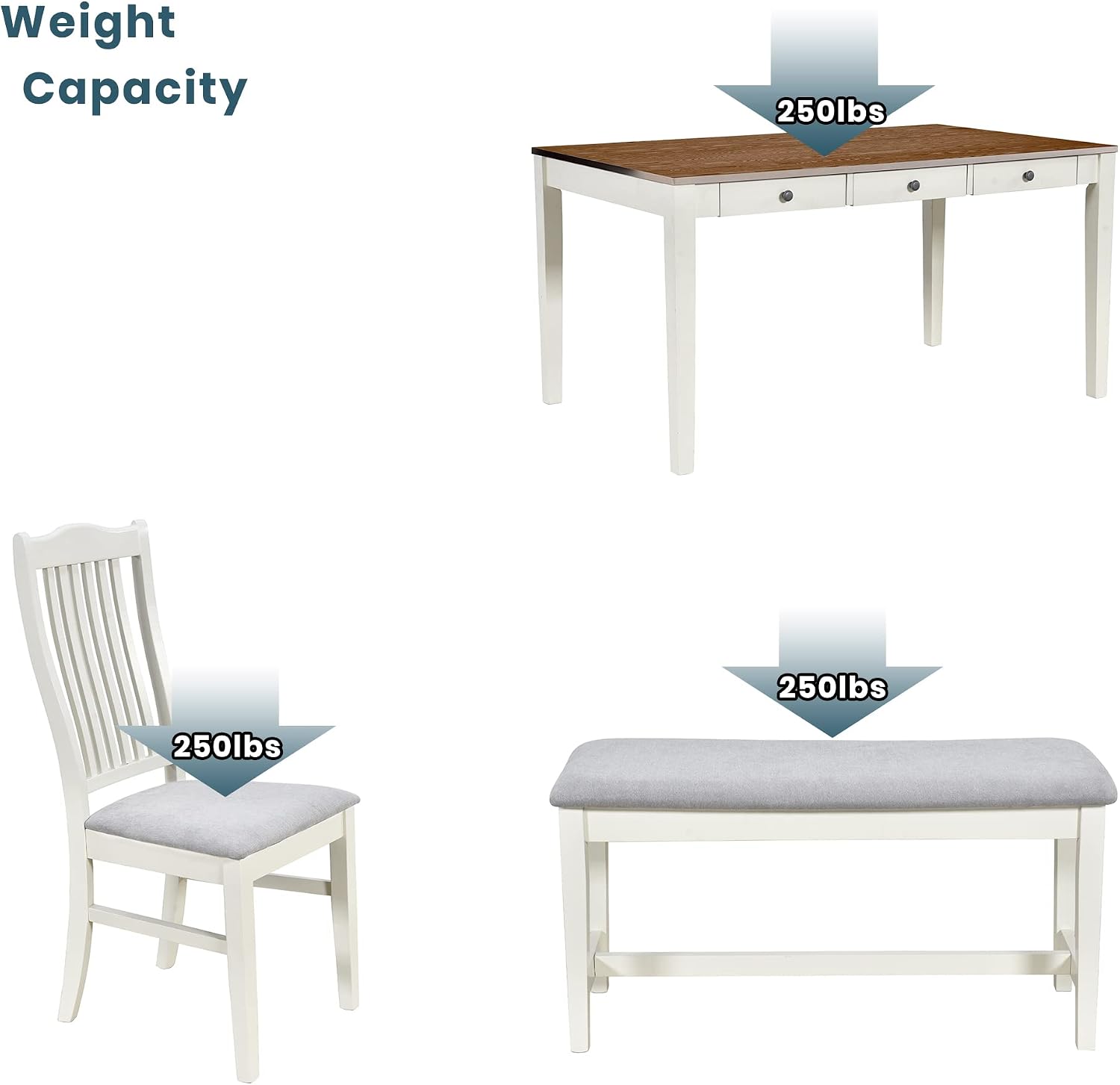 Merax Mid-Century 6-Piece Wood Dining Table Set with Drawer, 4 Upholstered Chairs and Bench, Butter Milk