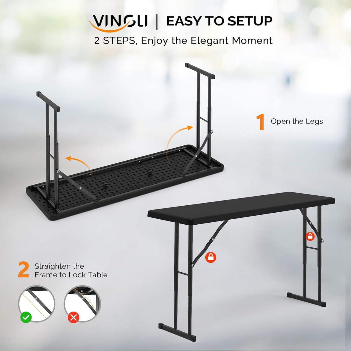 VINGLI 4 FT Narrow Folding Table,Premium Quality HDPE Material and Sturdy Metal Frame, Perfect for Buffet, Seminar, Party, Training, Home Work, Black