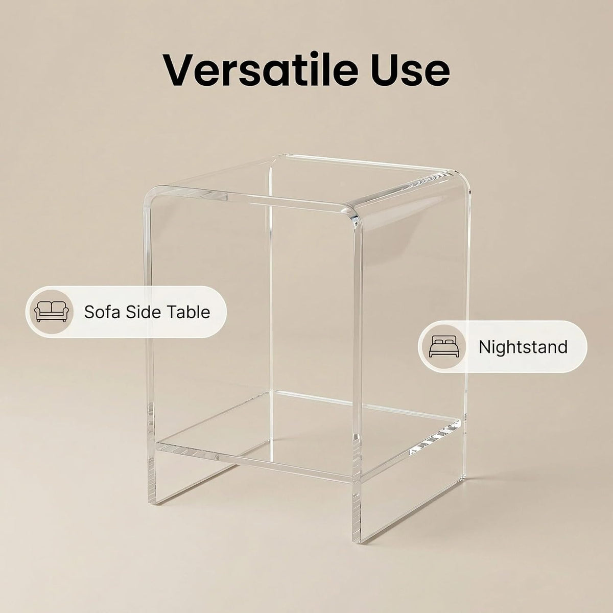 Clear Acrylic End Table/Nightstand,22" H Sleek and Durable Bedside Storage. Ideal for Bedrooms, Living Rooms, and Modern Interiors. (2 Tier- Bottom)