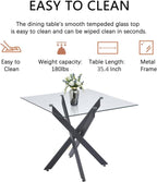 Square Dining Table for 4, 36" Modern Glass Kitchen Dining Room Table with Black Metal Cross Legs, Tempered Glass Tabletop, Perfect for Dinner Kitchen Living Dining Room