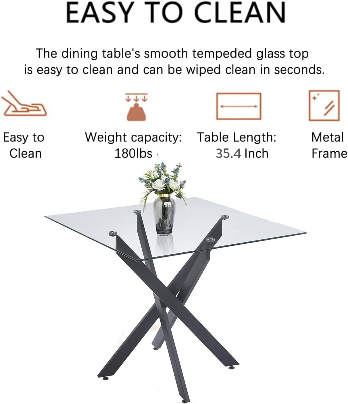 Square Dining Table for 4, 36" Modern Glass Kitchen Dining Room Table with Black Metal Cross Legs, Tempered Glass Tabletop, Perfect for Dinner Kitchen Living Dining Room