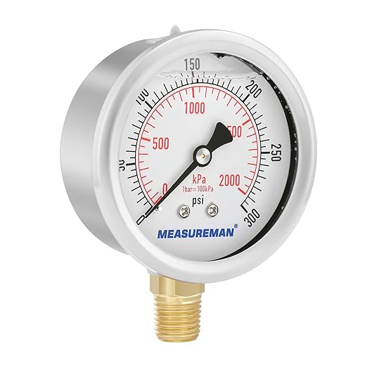 MEASUREMAN 2-1/2inch Dial Size, Glycerin Filled Pressure Gauge, 0-300psi/kpa, 304 Stainless Steel Case, 1/4 inchNPT Lower Mount