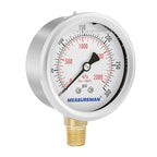 MEASUREMAN 2-1/2inch Dial Size, Glycerin Filled Pressure Gauge, 0-300psi/kpa, 304 Stainless Steel Case, 1/4 inchNPT Lower Mount