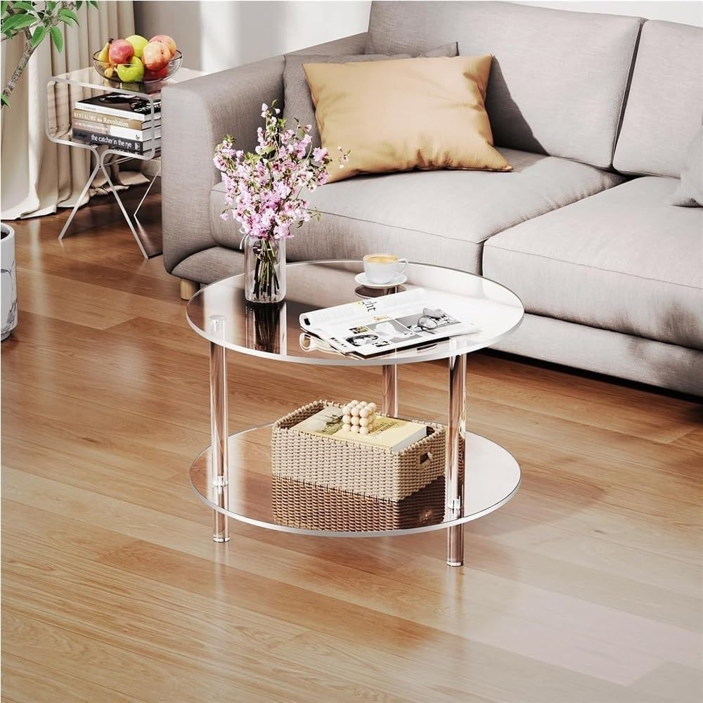 Acrylic Coffee Table, 2 Tier Round Coffee Table, Modern Clear Coffee Table, Clear End Table, Small Round Side Table for Couch, Living Room, Bedroom