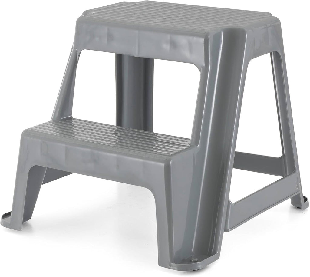 Gracious Living 16-Inch Tall Plastic 2-Step Stool, Gray, 4 Pack | Portable Dual Step Ladder Foot Stool for Kitchen, Bathroom, Bedroom & Garage