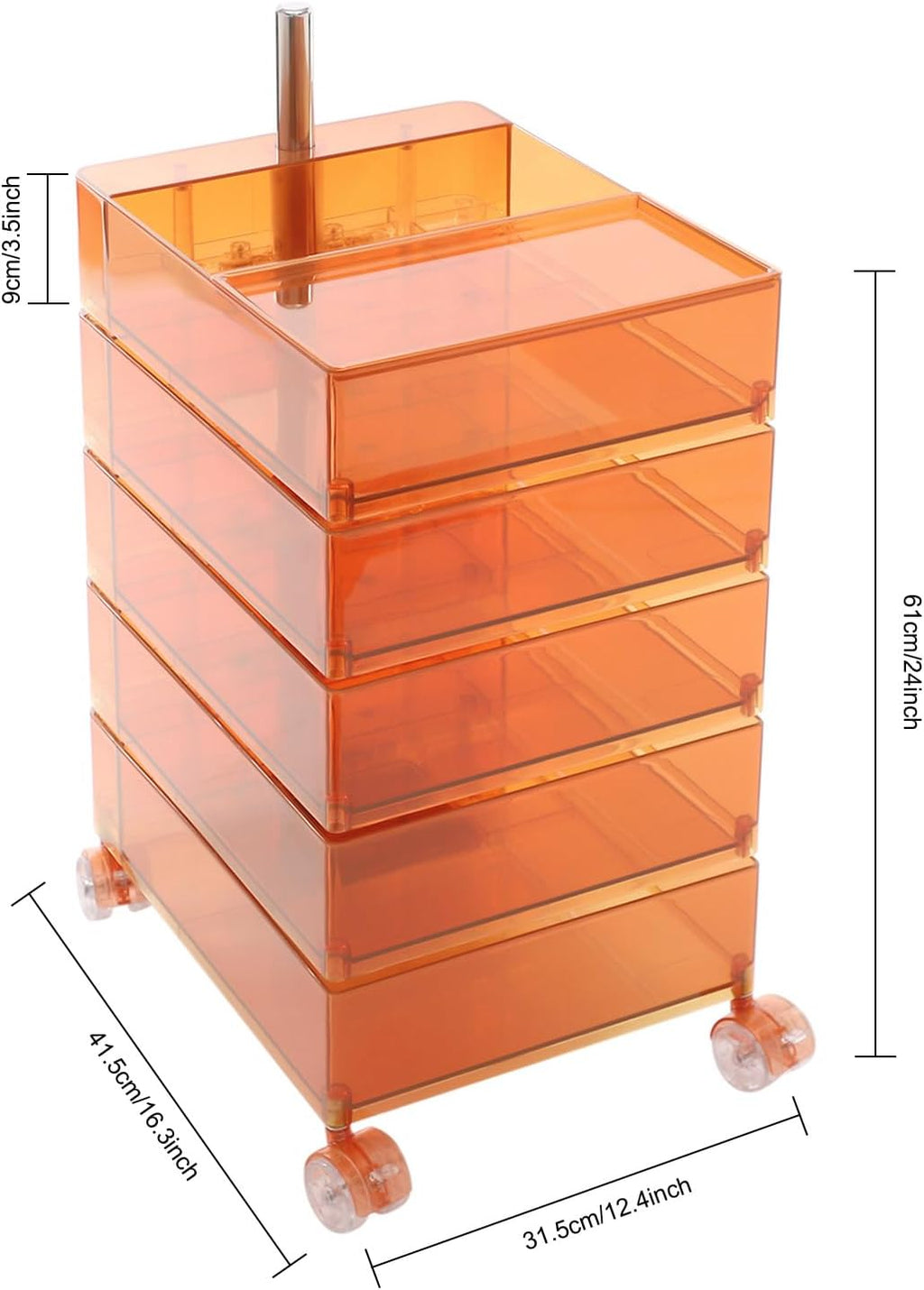 5 Tier Storage Cabinet, 360° Rotating Sofa Side Cabinet, Multi-Functional Rotating Side Table, Mobile Bedside Table, Portable Storage Organizer for Living Room Bedroom Office (Clear Orange)