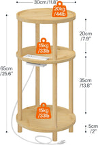HOOBRO Small Round Side Table with Charging Station, 3-Tier Round Bamboo End Table, Compact Sofa Bedside Table for Small Space, Easy Assembly, for Living Room, Bedroom, Apartment, Natural YL152UBZ01