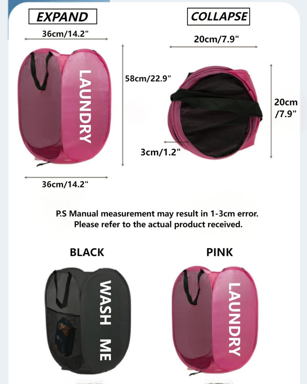Collapsible Laundry Hamper Foldable Clothes Basket with Mesh Sides Handles for Storage and Organization Pink BLC732-01