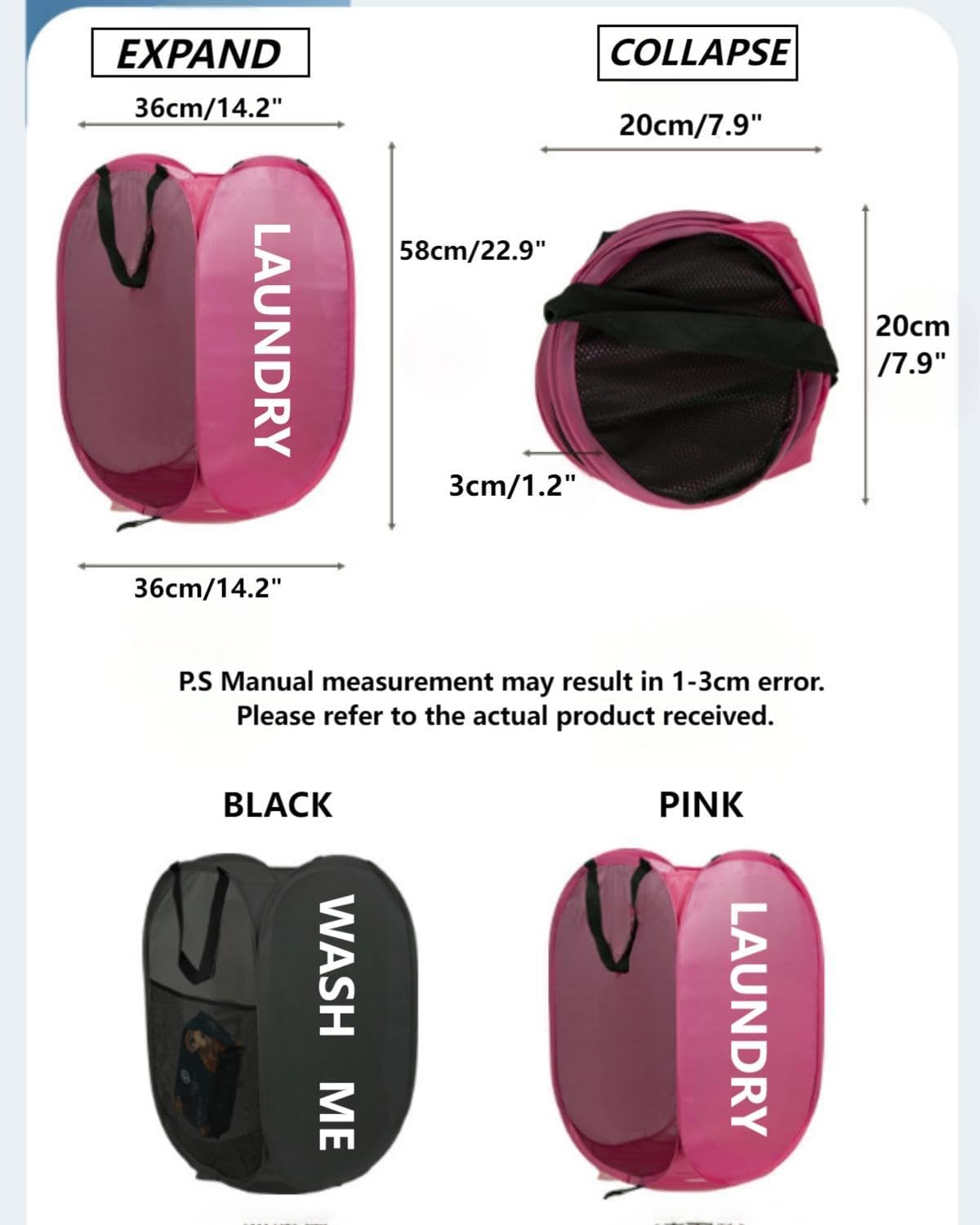 Collapsible Laundry Hamper Foldable Clothes Basket with Mesh Sides Handles for Storage and Organization Pink BLC732-01