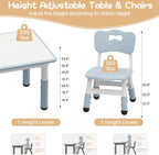 Takywep Kids Table & 2 Chairs Set, 23.6" Adjustable Desk, Anti-Slip, Grey | Rounded Edges, Multi Height Adjustment, Composite Wood Top, Anti-Slip Leg Pads
