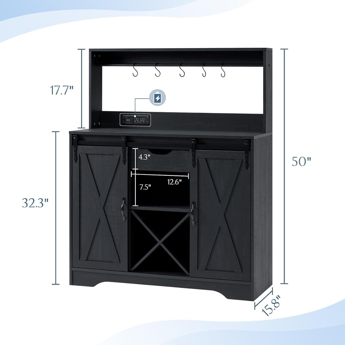 Wnutrees Farmhouse Coffee Bar Cabinet with Charging Station and USB, Black | 39" Kitchen Hutch Sideboard Buffet with Sliding Barn Door, Storage Cabinet for Dining Living Room