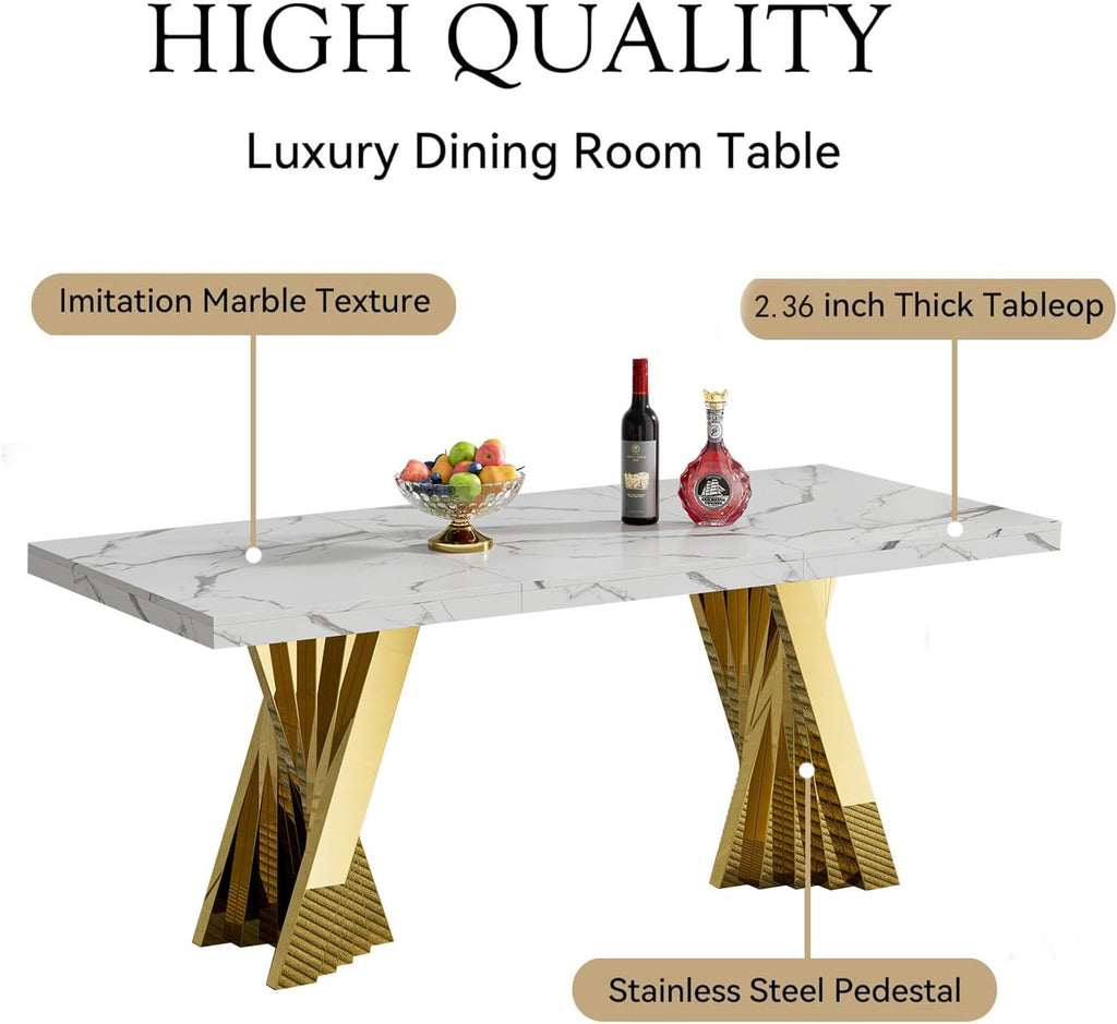 7 Piece Dining Table Set, White 70" Marble Dining Table with 6 Beige Velvet Chairs, Luxury Faux Marble Dining Room Table Set for 6, Modern Kitchen Table and Chairs Set for Home Furniture