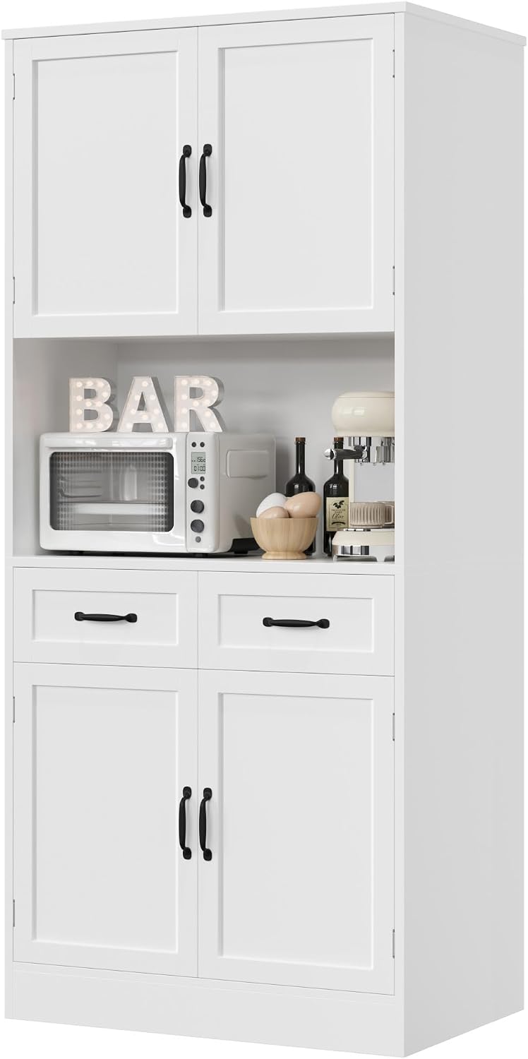 HOSTACK 71" Tall Kitchen Pantry Storage Cabinet, Wood Kitchen Hutch, White | Modern Pantry Cabinet with Microwave Stand, Hutch Cabinet with Countertop & Drawers, Storage Cabinet for Living Room