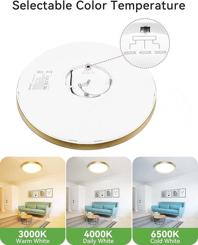 zemty 2Pack LED Ceiling Light Golden - 12In 28W Aureate Flush Mount Ceiling Light, 3 Color Temperature 3000K/4500K/6000K - 3200lm Gilded Round Flat Light Fixture for Kitchen Bathroom Shower