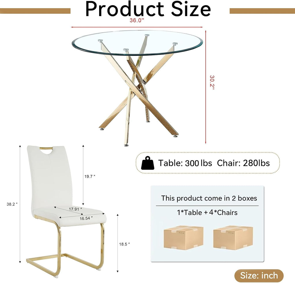 5-Piece Dining Room Table Set, Modern 36" Round Gold Glass Dining Table Set for 4, Kitchen and Dining Table Set with 4 White PU Leather Dining Chairs for Dining Room Kitchen