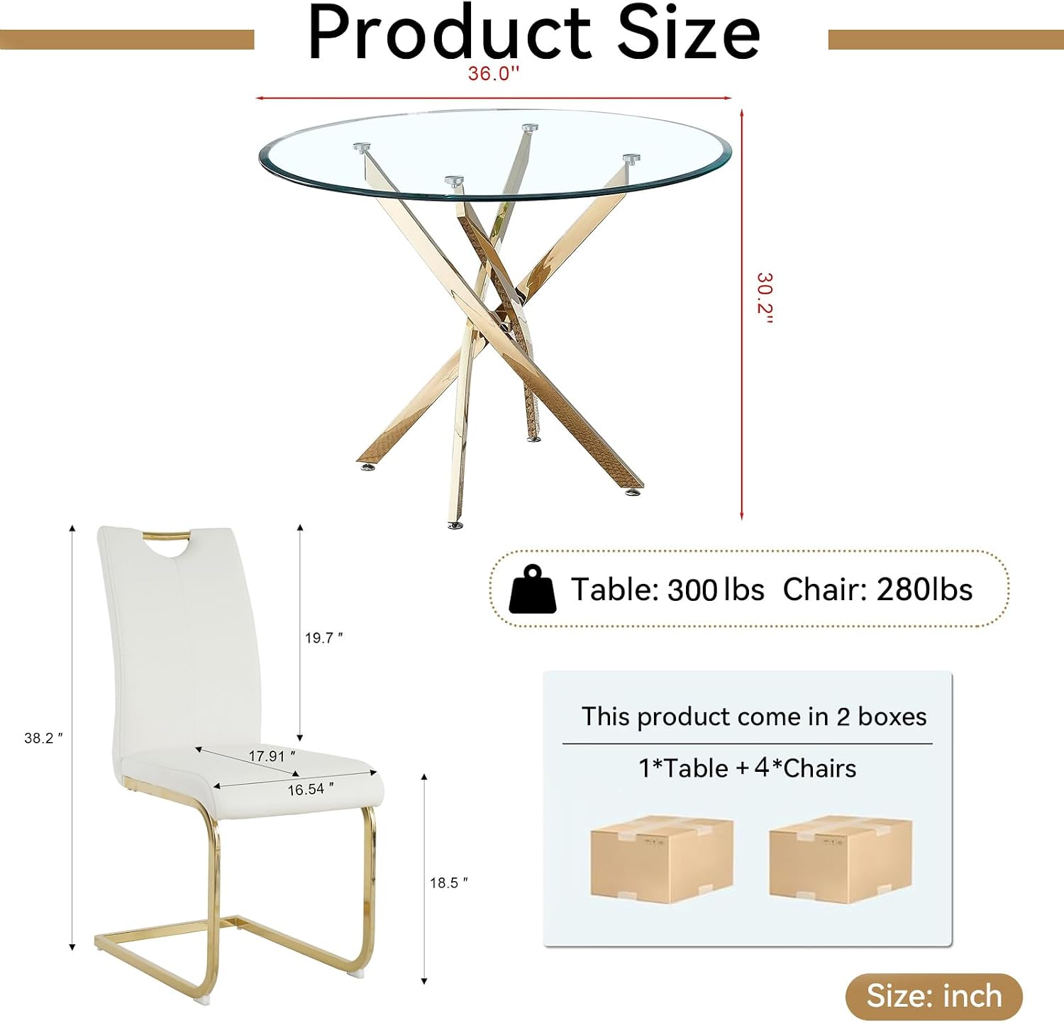 5-Piece Dining Room Table Set, Modern 36" Round Gold Glass Dining Table Set for 4, Kitchen and Dining Table Set with 4 White PU Leather Dining Chairs for Dining Room Kitchen