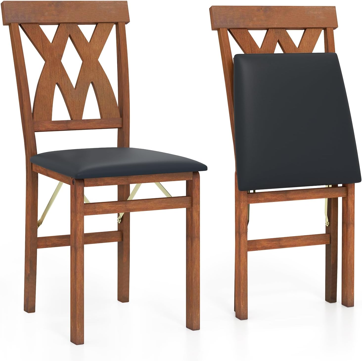 GIANTEX Folding Dining Chairs Set of 2, Farmhouse Upholstered Kitchen Chair | Wooden Dining Room Chairs w/Rubber Wood Frame, PVC Leather Seat, Hollowed Curved Backrest, Foldable Chair for Home Restaurant