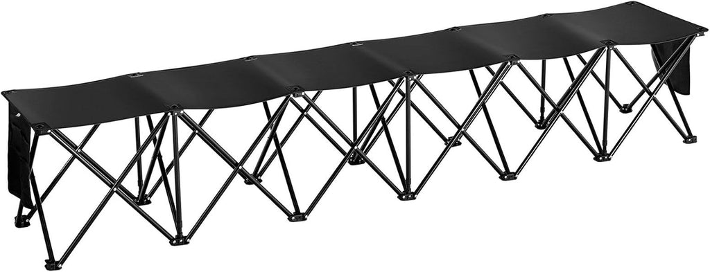 6-Seat Foldable Sports Bench with Side Pockets, Carrying Bag, 600D OxFor Ford Fabric Black for Outdoor Events