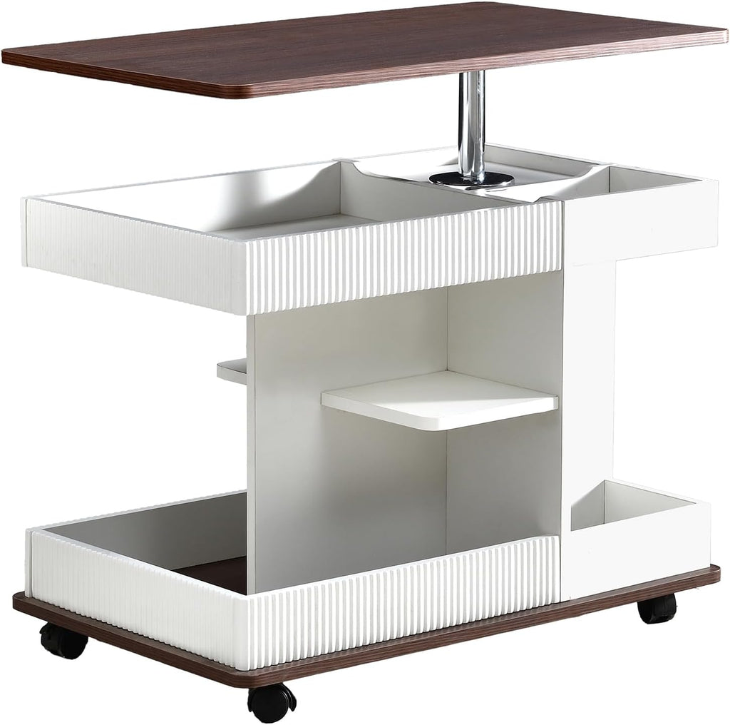 Adjustable End Table with Wheels, Modern Multifunctional Sofa Side Table with Lift-Top, 360°Rotating Top and Storage Space for Living Room, Small Space, Brown+White