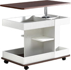 Adjustable End Table with Wheels, Modern Multifunctional Sofa Side Table with Lift-Top, 360°Rotating Top and Storage Space for Living Room, Small Space, Brown+White