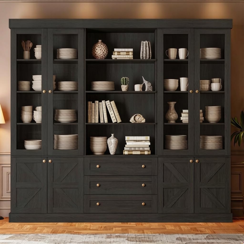 ivaniti 71" Tall Farmhouse Kitchen Pantry, Large Storage Cabinet with Glass Doors, Adjustable Shelves, 3 Drawer, Wood Versatile Hutch Cabinet for Dining Room, Living Room, Black 3 Pcs