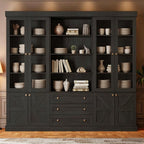 ivaniti 71" Tall Farmhouse Kitchen Pantry, Large Storage Cabinet with Glass Doors, Adjustable Shelves, 3 Drawer, Wood Versatile Hutch Cabinet for Dining Room, Living Room, Black 3 Pcs