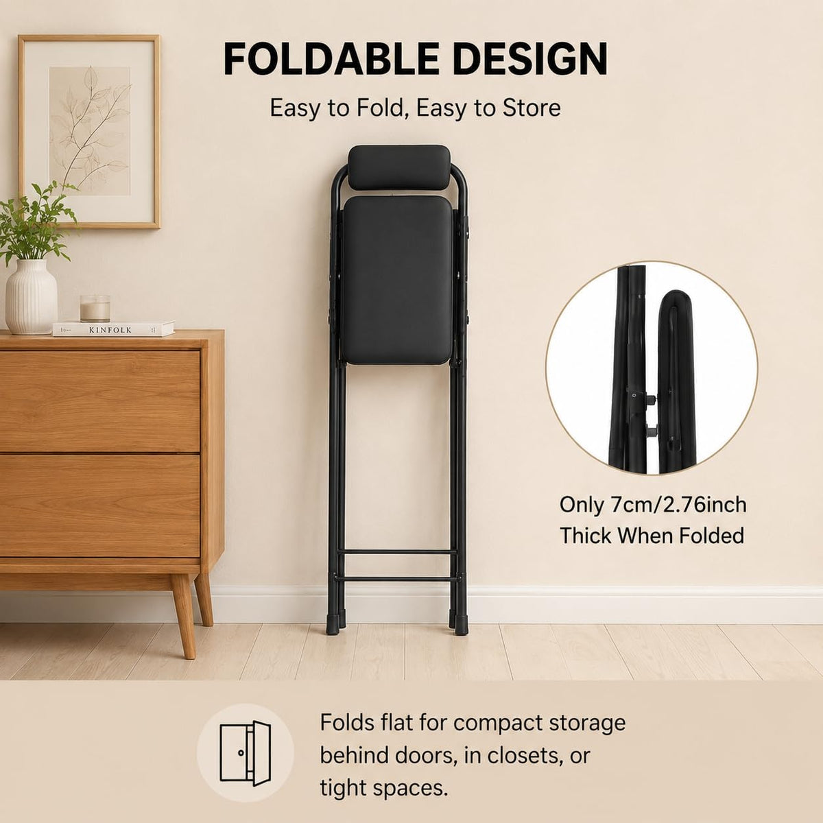 27.5'' Tall Folding Bar Stool, Cushioned Padded Folding Stool with Back, Portable Adult Folding Chair, 275 lbs Load Capacity, Counter Height Seat for Kitchen, Living Room, Garden, Camping, Black