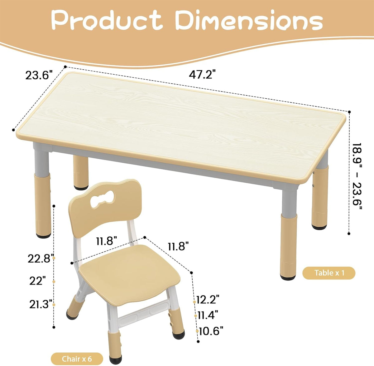Kids Table and 6 Chairs Set, Height Adjustable Toddler Table and Chairs Set | Graffiti Desktop, Non-Slip Legs, Children Activity Table for for Ages 2-10 Daycare Classroom Home Preschool, Natural