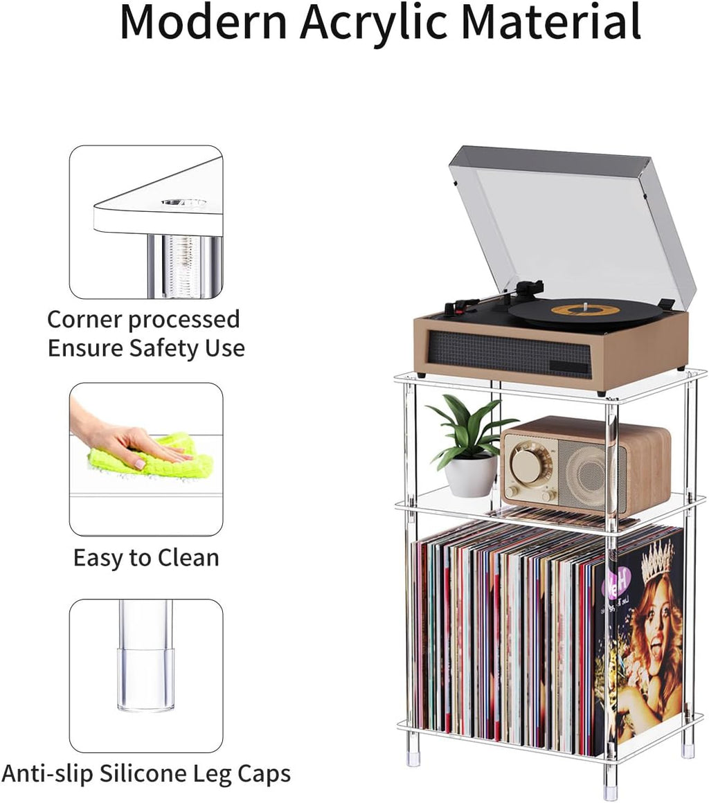 Clear Acrylic Record Player Stand with Vinyl Storage, 15.75" L x 11.81" W x 24.5" H, 3 Tier Small Side Turntable Table with Album Shelf, Modern Bedside End Table for Living Room, Bedroom