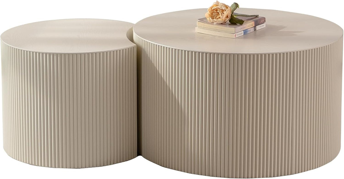 WILLIAMSPACE Beige Round Nesting Coffee Table Set of 2 with Wave Stripe, Modern Wooden Circle Drum Tables Center Table Accent Side Crescent Shape Table for Living Room, No Assembly, 18.9" + 14.96"