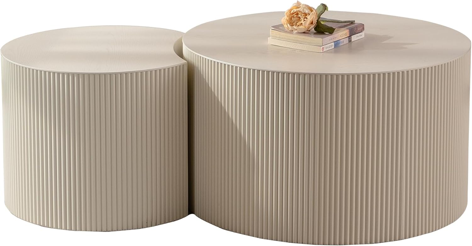 Nesting Coffee Table Set of 2, Round & Crescent Moon Wood Coffee Table and End Table Sets, Modern Luxury Accent Center Tea Table for Living Room Bedroom, （Beige + Cream, 18.9" & 14.96"