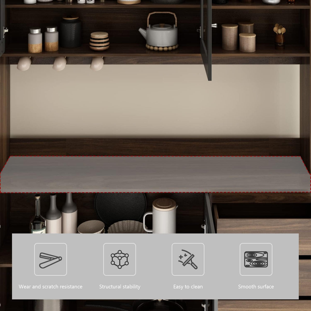 AGOTENI Large Kitchen Hutch Cabinet, Storage Cupboard Pantry with 4 Glass Doors, 4 Drawers & Microwave Shelf, for Kitchen Open Storage, Rustic Brown (63" W x 15.7" D x 74.8" H)
