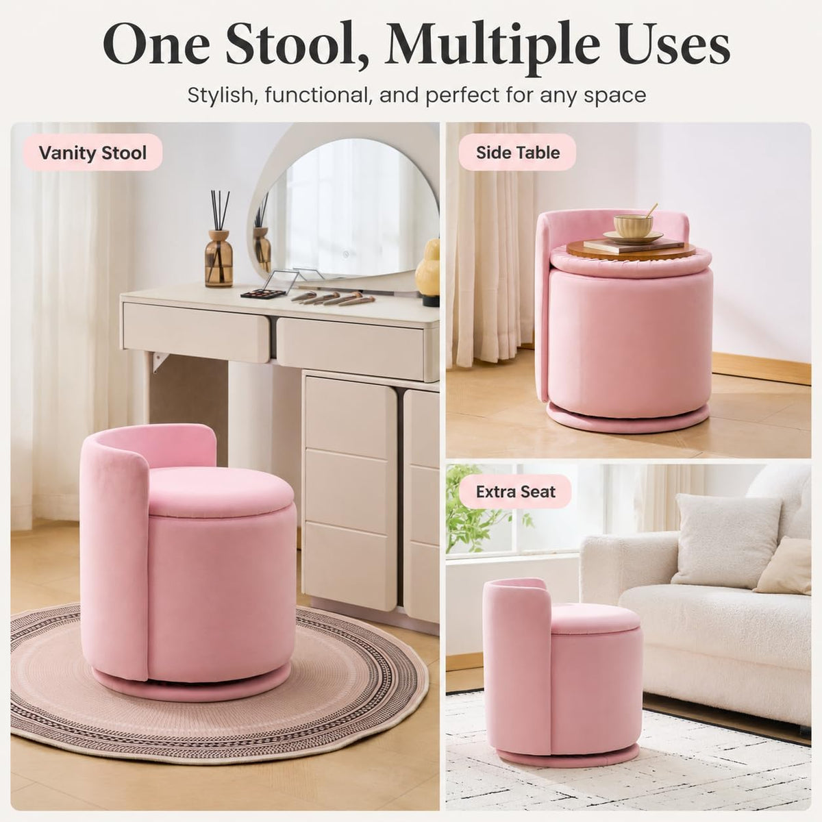 Vanity Chair with Storage and Back 360°Swivel Makeup Chair 17" D x 17" W x 20" H Soft Seat Ottoman Small Side Table Hallway Footstools for Living Room Makeup Room (Pink)