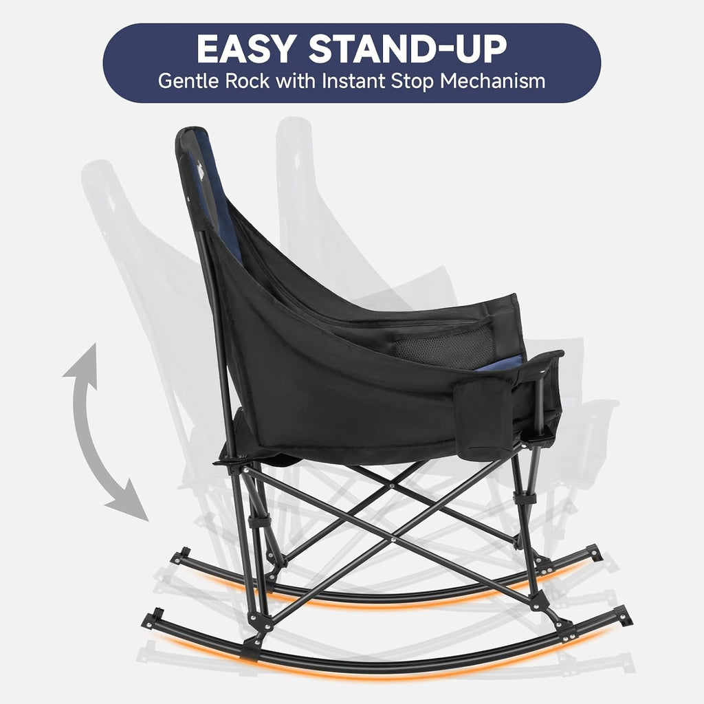 Youtanic Oversized Folding Rocking Camping Chair, Padded Portable Rocking Chair with Pockets, Cup Holder and Carry Bag, Heavy Duty Outdoor Rocker Patio Chair for Garden, Lawn, Up to 400lbs, Navy Blue