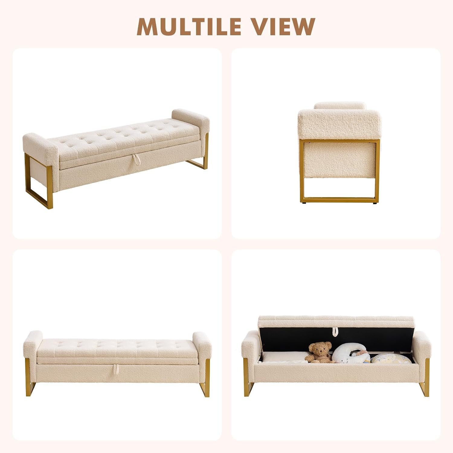 67" Storage Bench for Bedroom, King Size End of Bed Bench, Upholstered Storage Ottoman Bench with Golden Metal Legs, Bedroom Bench for Entryway (Teddy Beige)