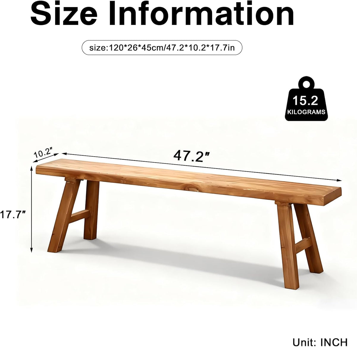 Front Entryway Bench Indoor Hallway Bedroom End of Bed Farm House Rustic Dining Table Vintage Narrow Noodle Bench Solid Wood (L 47.2″x10.2″W x 17.7″H)