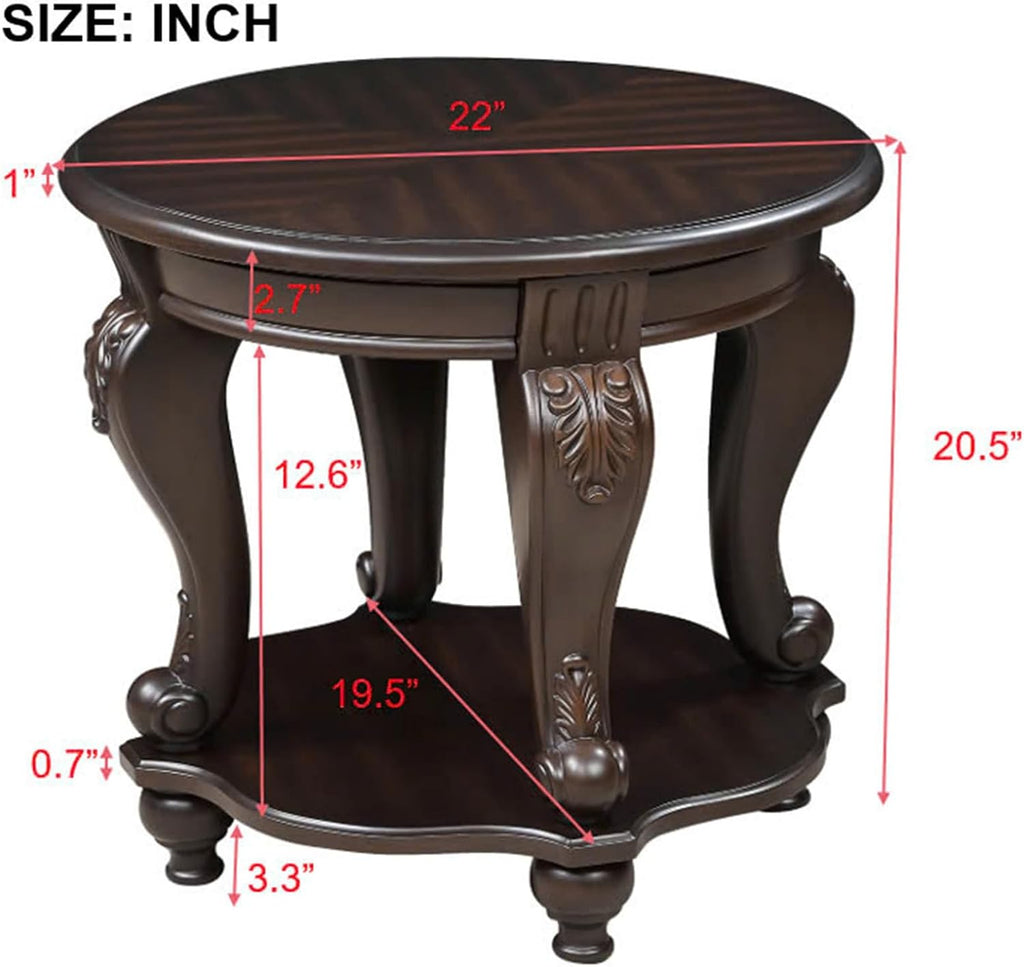 22'' Round End Table Solid Wood Sofa Side Table with Storage Shelf, Living Room Corner Table Retro Accent Table with Espresso Finish, Easy Assemble Round Bedside Table Night Stand for Small Space