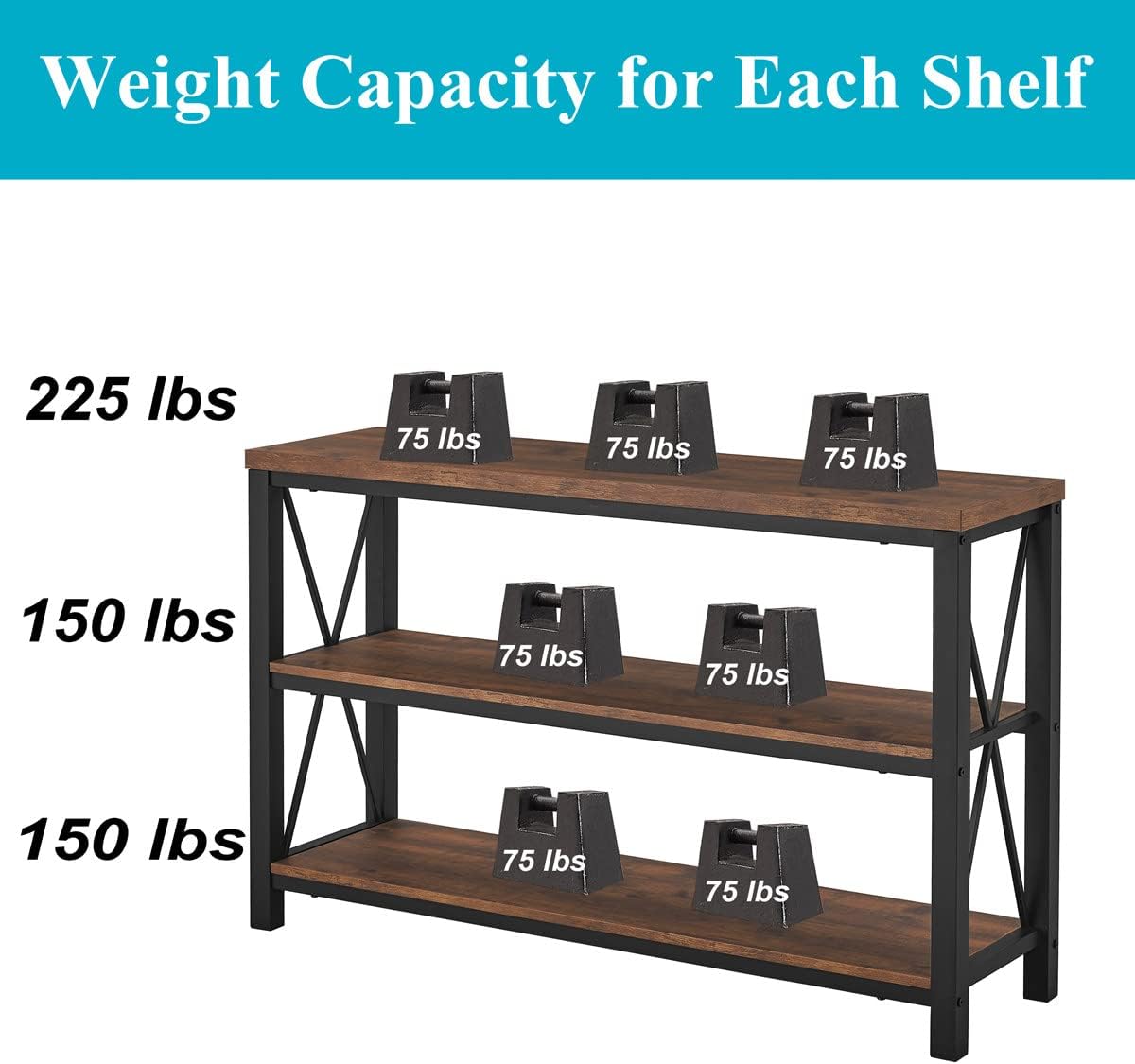BON AUGURE 47” Narrow Console Table, 3 Tier Sofa Table Behind Couch, Rustic | Entryway Table with 3 Open Shelves, Industrial Steel Frame Entry Tables for Hallway, Foyer, Living Room, or Behind the Couch