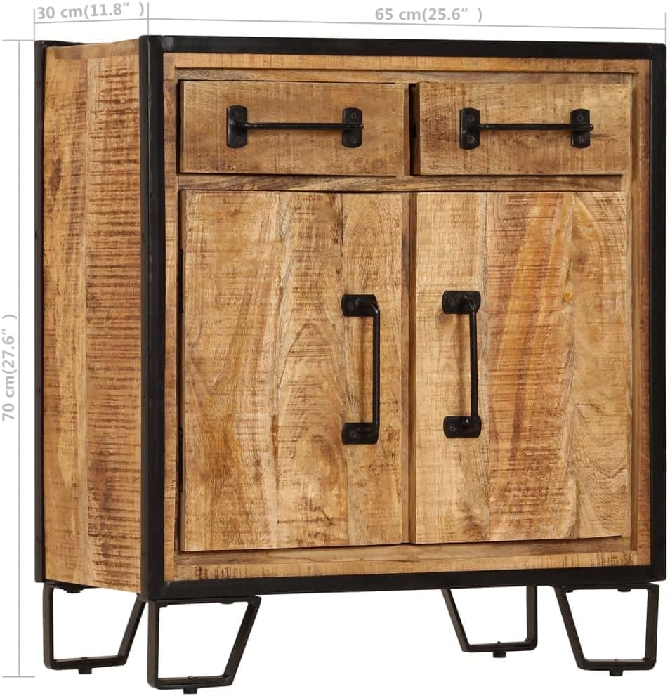 Rustic Solid Mango Wood Sideboard Cabinet 25.6 x 11.8 x 27.6 Inches, Unique Grain Patterns and Decorative Inlays for Living Dining Room Storage Organizer
