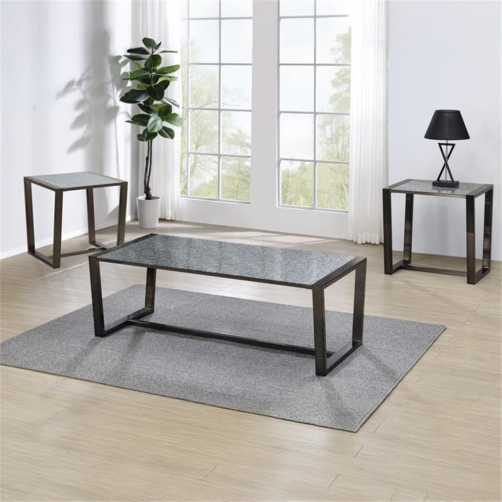 Pemberly Row Contemporary 3-Piece Coffee & End Table Set, Black Nickel Finish, Patterned Mirror Tops, Metal Sled Base with Cross Stretchers, Modern Style Living Room Furniture for Décor and Practical