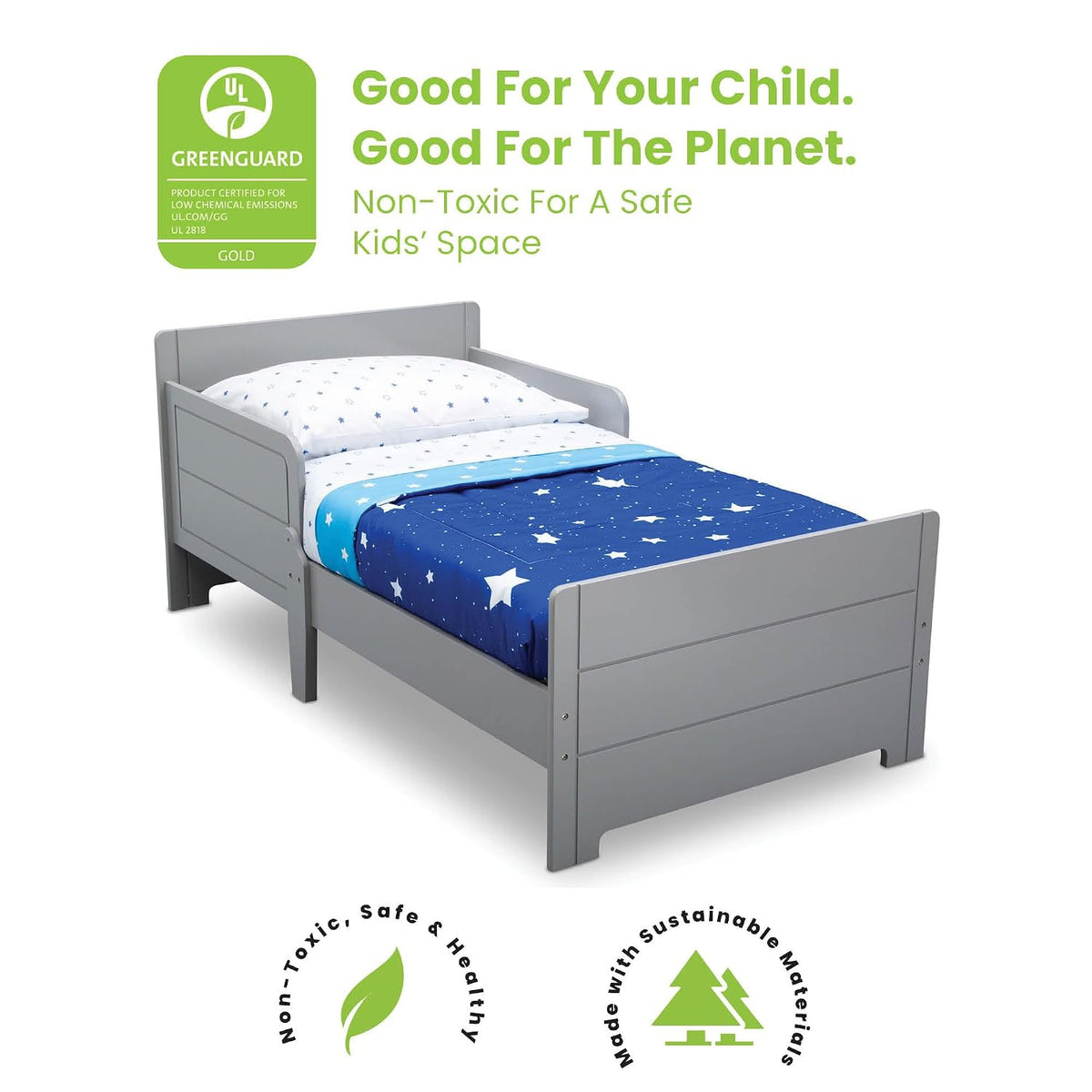 Delta Children MySize Toddler Bed, Grey + MySize Kids Wood Table and 2 Chair Set + MySize Deluxe Toy Box (Bundle)