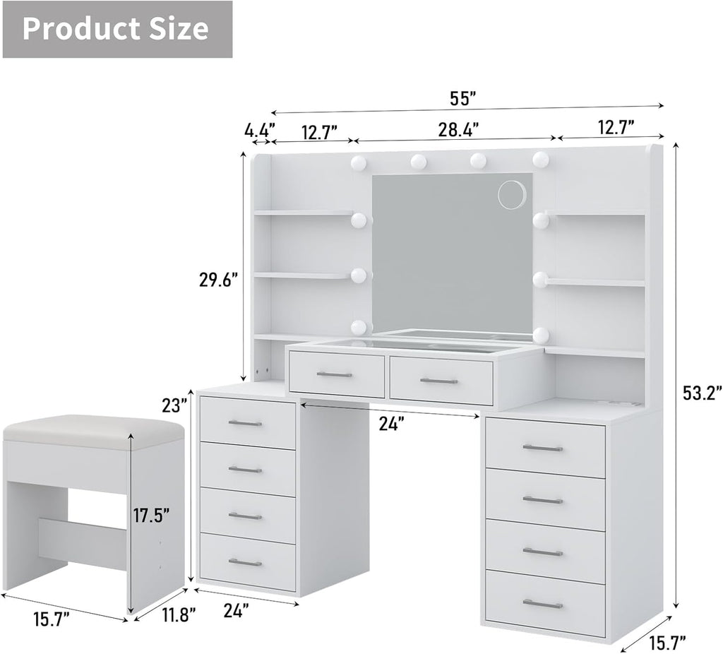 Yanosaku 55'' W Makeup Vanity with Mirror & Lights, 10 Drawers Vanity Desk with Charging Station, 6 Open Shelves, 3 Lighting Modes Brightness Adjustable, Glass Top Vanity with Chair for Bedroom, White