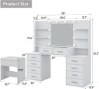 Yanosaku 55'' W Makeup Vanity with Mirror & Lights, 10 Drawers Vanity Desk with Charging Station, 6 Open Shelves, 3 Lighting Modes Brightness Adjustable, Glass Top Vanity with Chair for Bedroom, White
