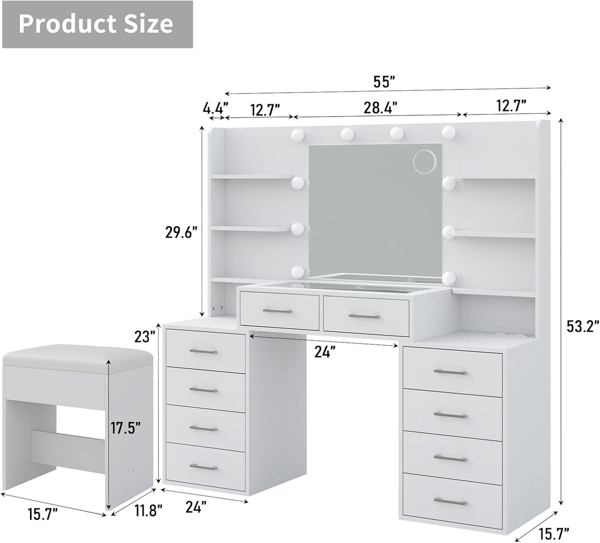 Yanosaku 55'' W Makeup Vanity with Mirror & Lights, 10 Drawers Vanity Desk with Charging Station, 6 Open Shelves, 3 Lighting Modes Brightness Adjustable, Glass Top Vanity with Chair for Bedroom, White
